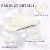 Keilin Star Studded Rhinestone Cowgirl Hat Disco Cowboy Hat Felt Western Nashville Bachelorette Party Hat for Teens and Adults, White